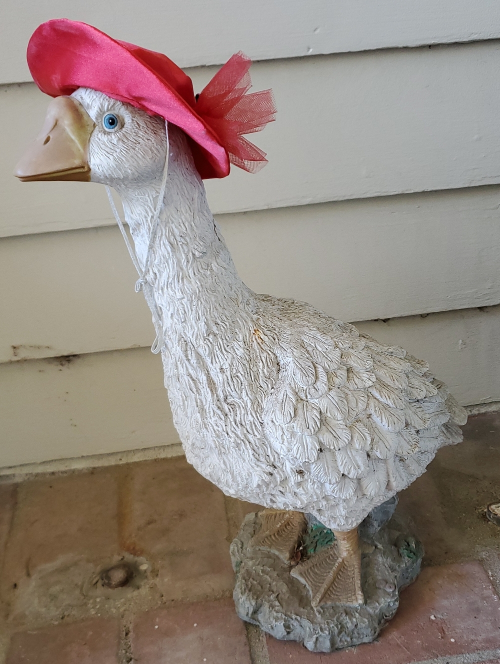 Decorative White Goose Statue with Pink Hat